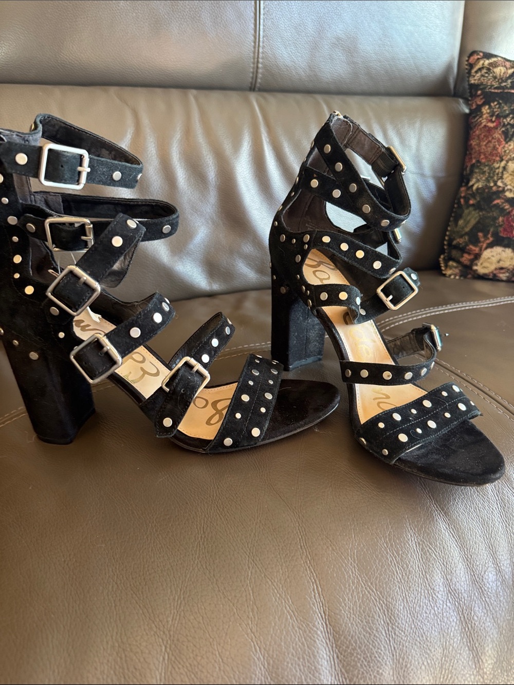 Sam Edelman Black Suede Studded Buckle Block Heels - Picture 8 of 16